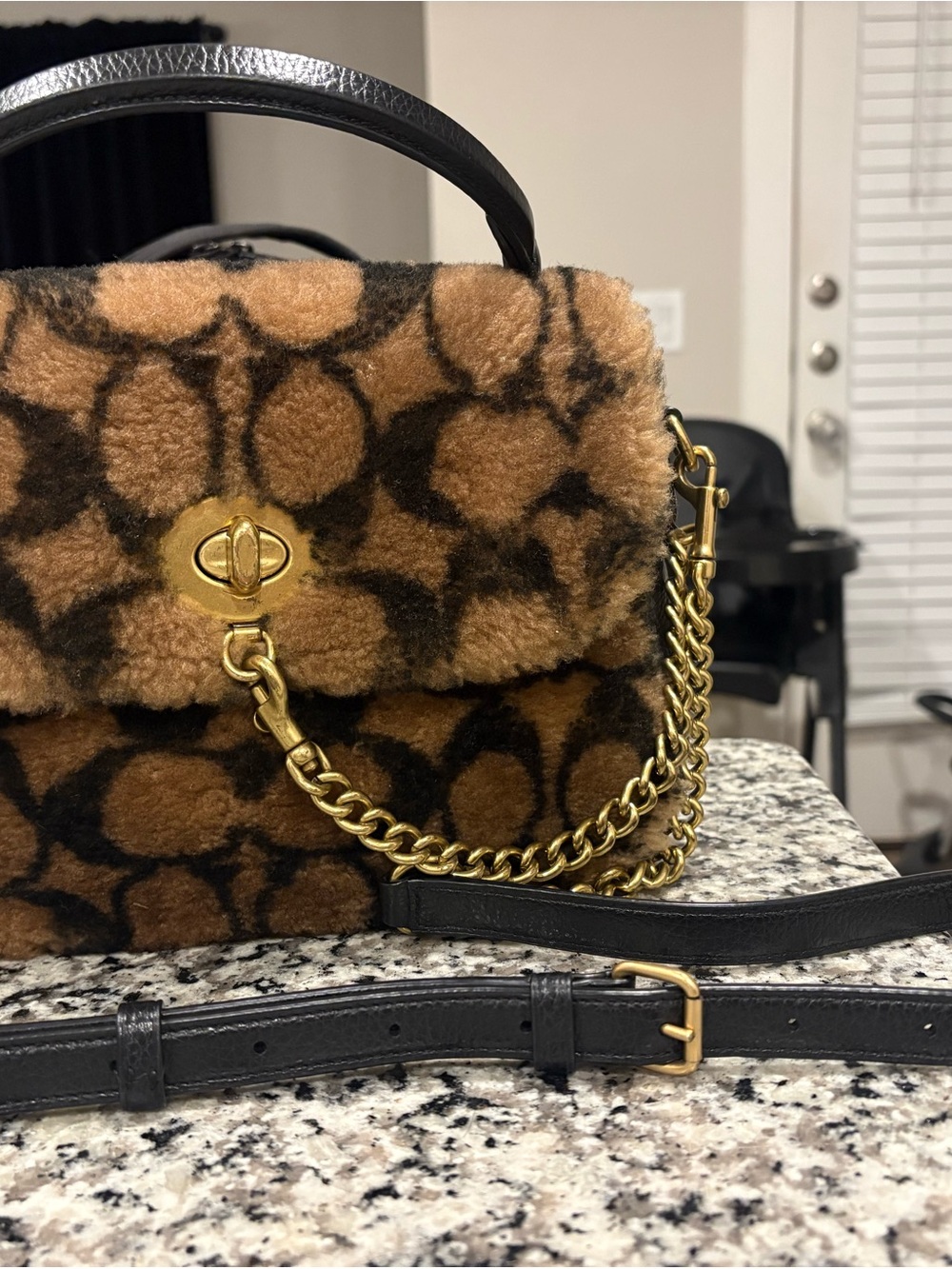 Coach Brown and Black Shearling Top Handle Crossbody Bag with Gold Hardware